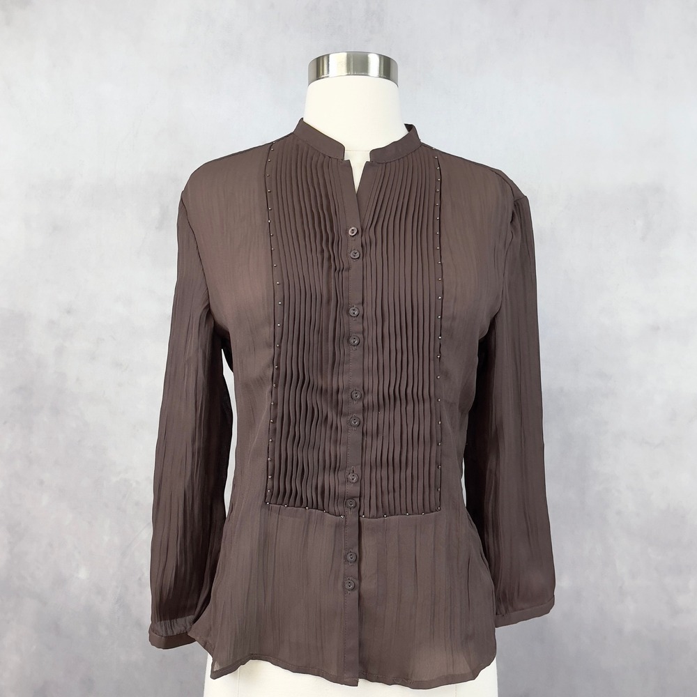 Oleg Cassini Women Blouse Size 6 Pleated Front Semi Sheer Office Minimal‎ Retro